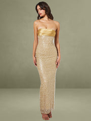 Lainey Gold Satin Sequin Pearls Beaded Maxi Dress