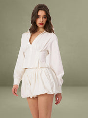 Sylvia White Pinstripe Deep V Pleated Shirt