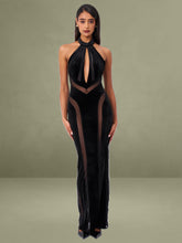 Paityn Black Velvet Mesh Cutout Halter Gown