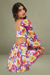 Multi Floral Dress Watercolour Print Ring Front Balloon Sleeve