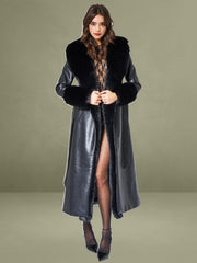 Black Vegan Fur Trim Black Vegan Leather Coat
