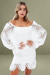 White Embroidered Sleeves Shirred Bodycon Dress