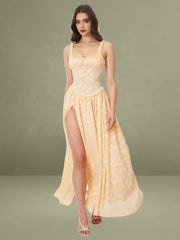 Ulissa Orange Square Neck Jacquard Textured High Slit Maxi Dress