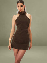 Yael Espresso Vegan Suede Faux Fur Halter Mini Dress