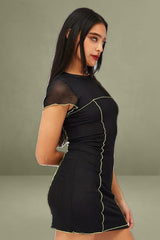 Black Mini Dress Cap Sleeve Crew Neck Bodycon Mesh