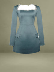 Gabella Dark Green Long Sleeve A-line Mini Dress with Crystal Trim