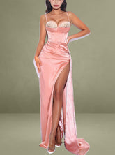 Vanity Blush Pink Satin High Slit Draping Corset Gown With Crystals