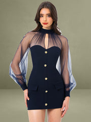 Tabitha Navy Blue Mesh Lantern Sleeve Mini Dress