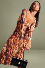 Brown Abstract Bodycon Dress Long Sleeve Square Neck Mesh