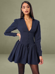 Xabrina Navyblue Pinstripe Long Sleeve Shirt Mini Dress