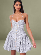 Melody Black and White Plaid Tweed Halter Drop Waist Mini Dress