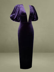 Purple Velvet Bubble Sleeve Backless Maxi Dress