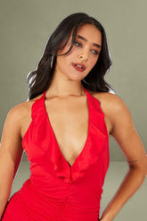 Red Halter Dress Ruffle Ruched Plunging Mini Dress