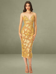 Edie Gold Beaded Sequin Midi Pencil Dress