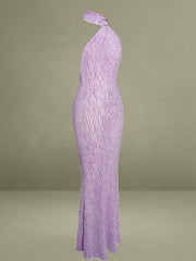 Olena Purple Burnout Velvet Animal Print Mesh Halter Neck Maxi Dress