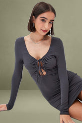 Grey Dress Long Sleeve Cut Out Details Bodycon Rib