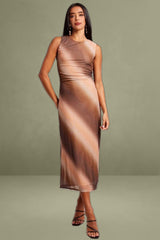 Brown Abstract Bodycon Dress Round Neck Sleeveless Mesh