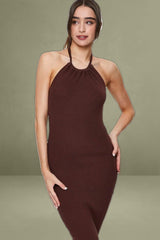 Brown Knit Dress Midi Halter Neck