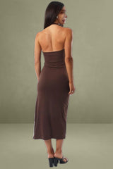 Brown Halter Neck Bodycon Maxi Dress