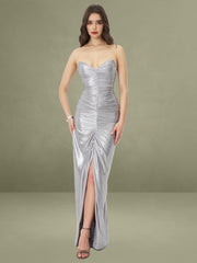 Sable Ruched Silver Glitter Mermaid Gown