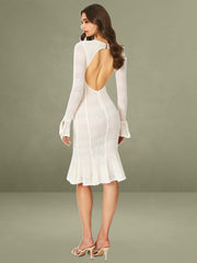 Beige Crochet Long Sleeve Midi Flare Mermaid Dress