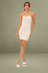 Beige Check Sleeveless Square Neck Seamless Bodycon Dress
