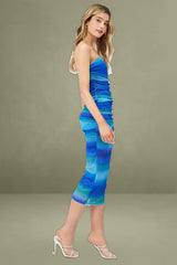 Blue Print Maxi Dress Strapless Ruched Ombre Mesh Bodycon