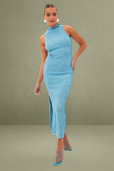 Blue Maxi Dress High Neck Sleeveless