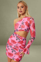 Multi Floral Dress One Shoulder Ruffle Sleeve Mini Dress