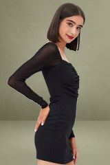 Black Long Sleeve Mini Bodycon Mesh Dress with Hook & Eye
