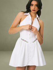 Hailey White Embroidered Collared Halter Drop Waist Mini Dress