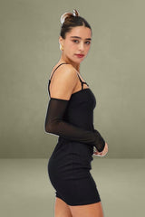 Black Mini Dress Long Sleeve Cold Shoulder Bodycon Mesh