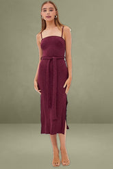 Red Maxi Dress Bodycon Tie Belted Rib