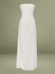 Xatia Off White Jacquard Textured High Slit Maxi Dress