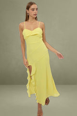Yellow Bodycon Dress Maxi Ruffle Slit Chiffon
