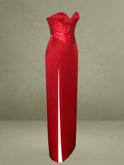 Kadesha Red Crystal High Slit Satin Corset Gown