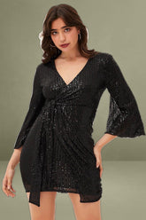 Black Sequin Ruffle Wrap Party Mini Dress