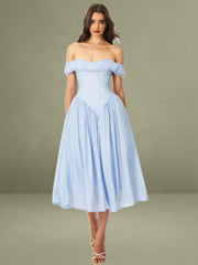 Xavy Baby Blue Off Shoulder Corset Midi Dress