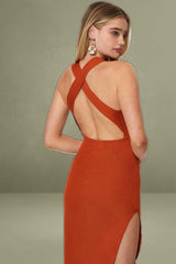 Brown Midi Dress Square Neck Knit