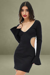 Black Flared Sleeve Cut Out Diamante Mini Dress