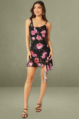 Black Floral Bodycon Dress Ruffle Hem Mini Mesh