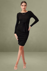 Black Bodycon Dress Long Sleeve Midi Ruched