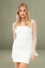 White Bodycon Dress Beaded Embellished Bell Mesh Sleeve