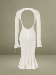 Beige Crochet Long Sleeve Midi Flare Mermaid Dress