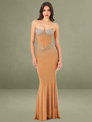 Fatima Nude Crystal Sleeveless Corset Mermaid Maxi Dress