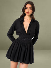Jamila Black Shirt Mini Dress with Embroidered Waist Detail