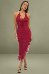 Red Bodycon Ruffled Halter Neck Dress