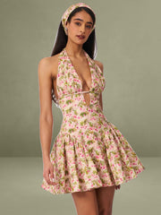Mackenzie Green and Pink Floral Print Halter Linen Mini Dress