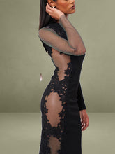 Lace Trim Crystal Net Cutout Long Sleeve Gown