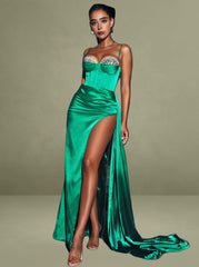 Vanity Green Satin High Slit Draping Corset Gown With Crystals